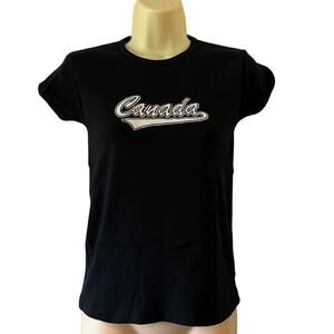 Teepee Black Canada Slim Fit Tee Shirt Knit Top Woman Size Small Applique